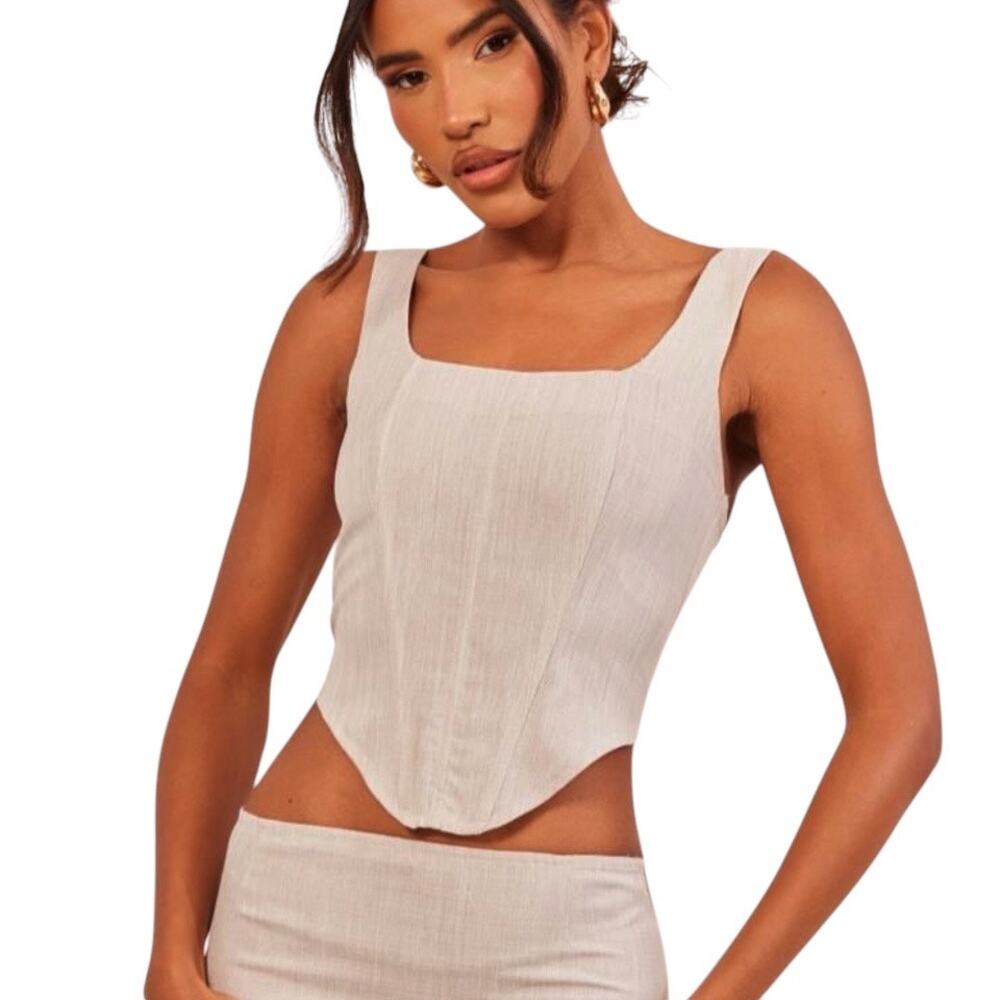🔥 Pretty Little Thing Boned Dip Hem Sleeveless Corset Top in Stone Gray Size 2